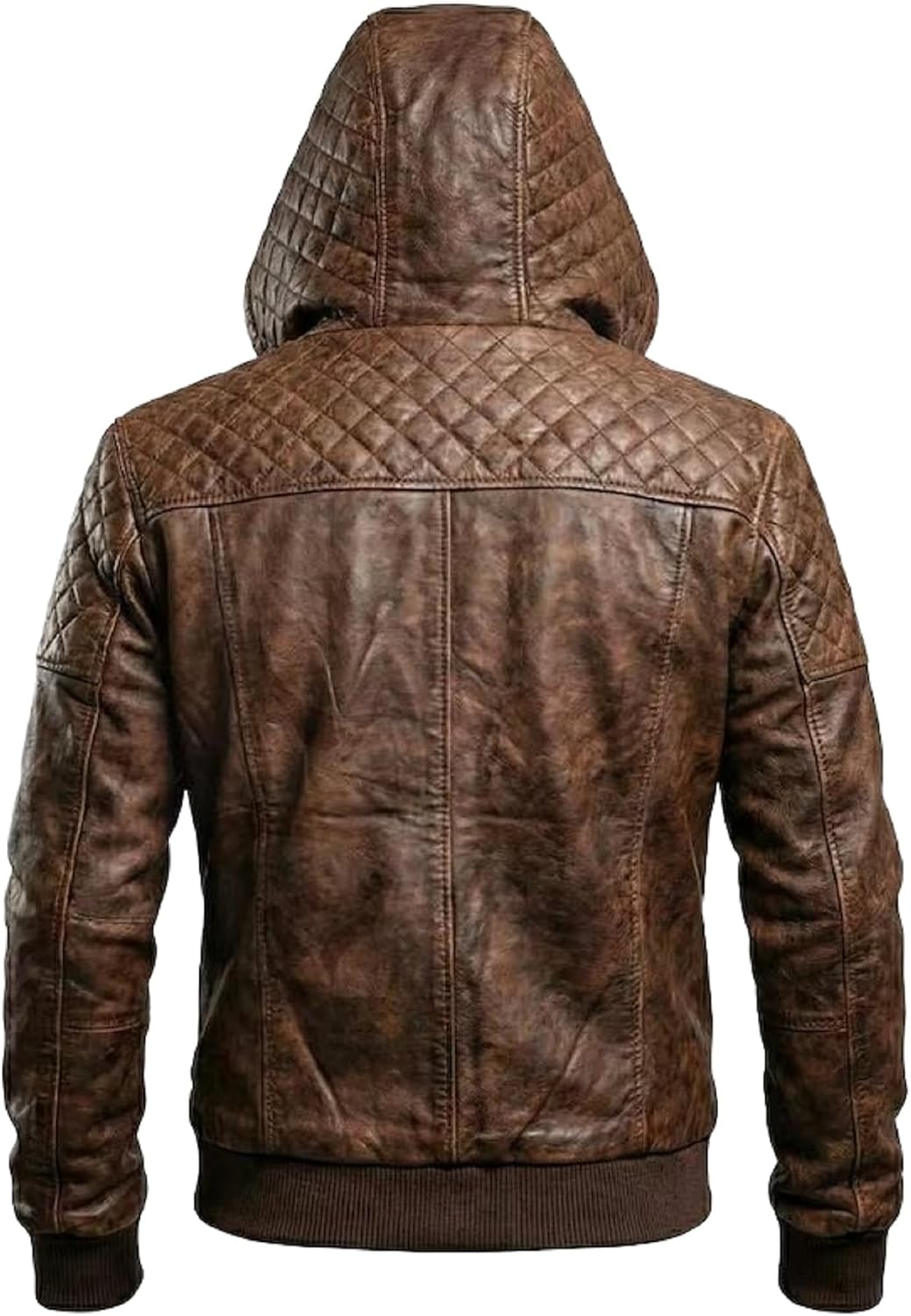 Men's Distressed leather-look Hooded Biker Jacket with Quilted Shoulders