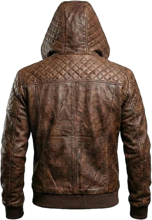 Men's Distressed leather-look Hooded Biker Jacket with Quilted Shoulders
