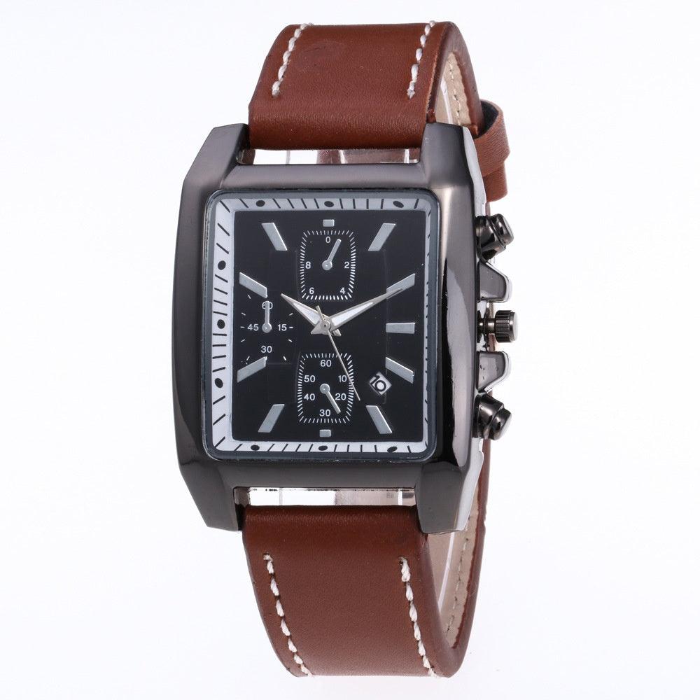 Men's Rectangular leather-look-Strap Watch