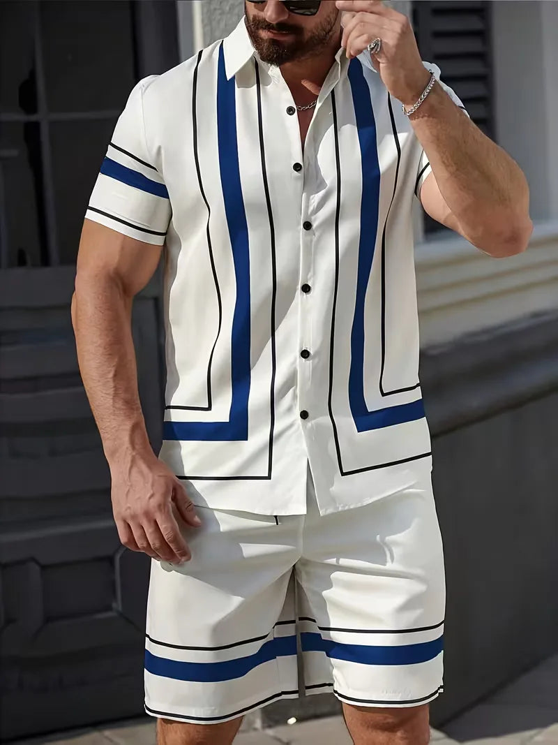 Men's Short Sleeve Shirt and Shorts Set in White/Blue