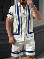 Men's Short Sleeve Shirt and Shorts Set in White/Blue