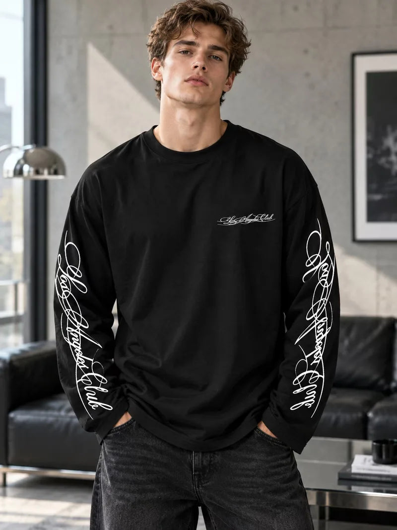 Men's Crew-Neck Longsleeve with Script Graphics – Six Colours