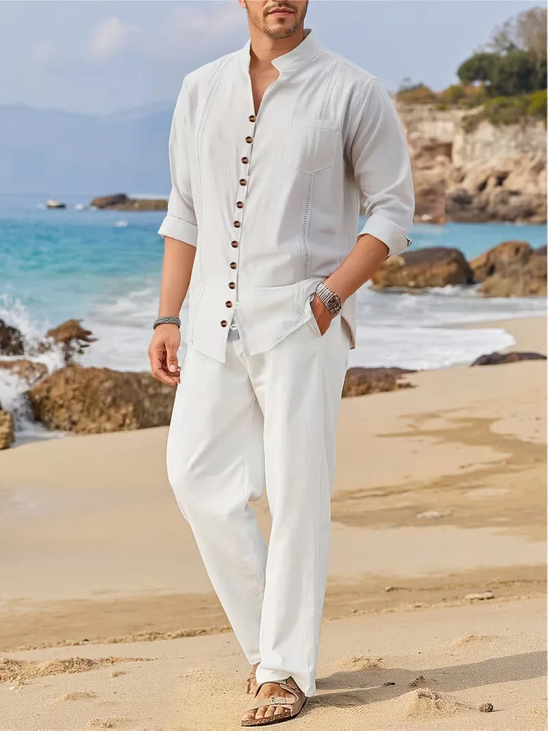 Men's Mandarin Collar Shirt and Trouser Set