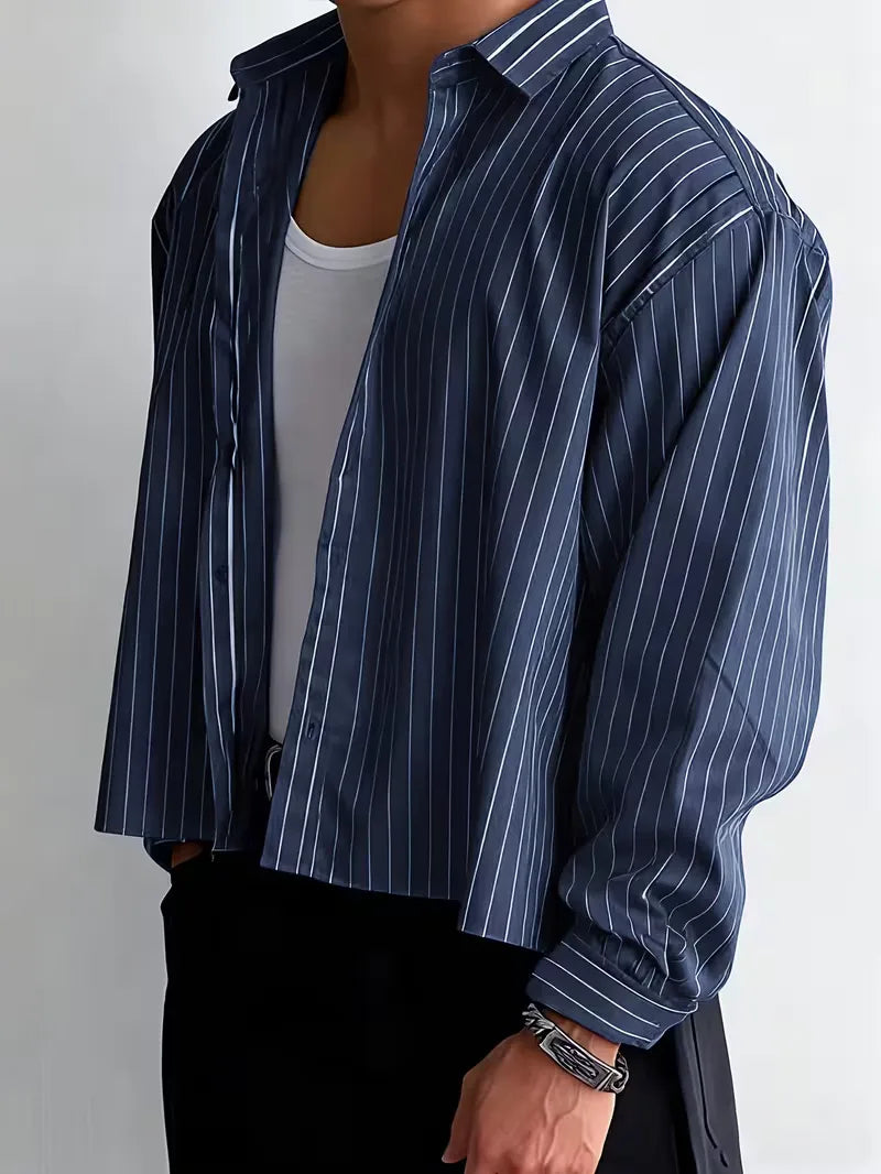 Men's Oversized Vertical Stripe Shirt in Navy Blue