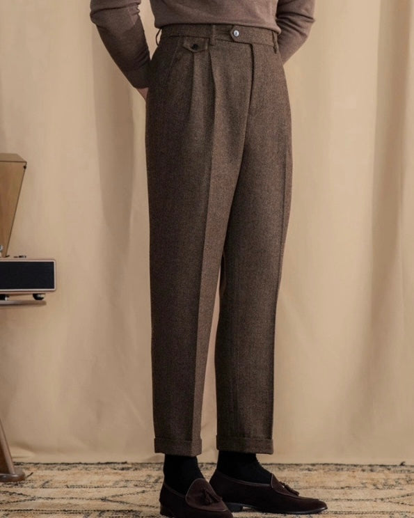 Men's Herringbone High-Waist Trousers with Side Tabs