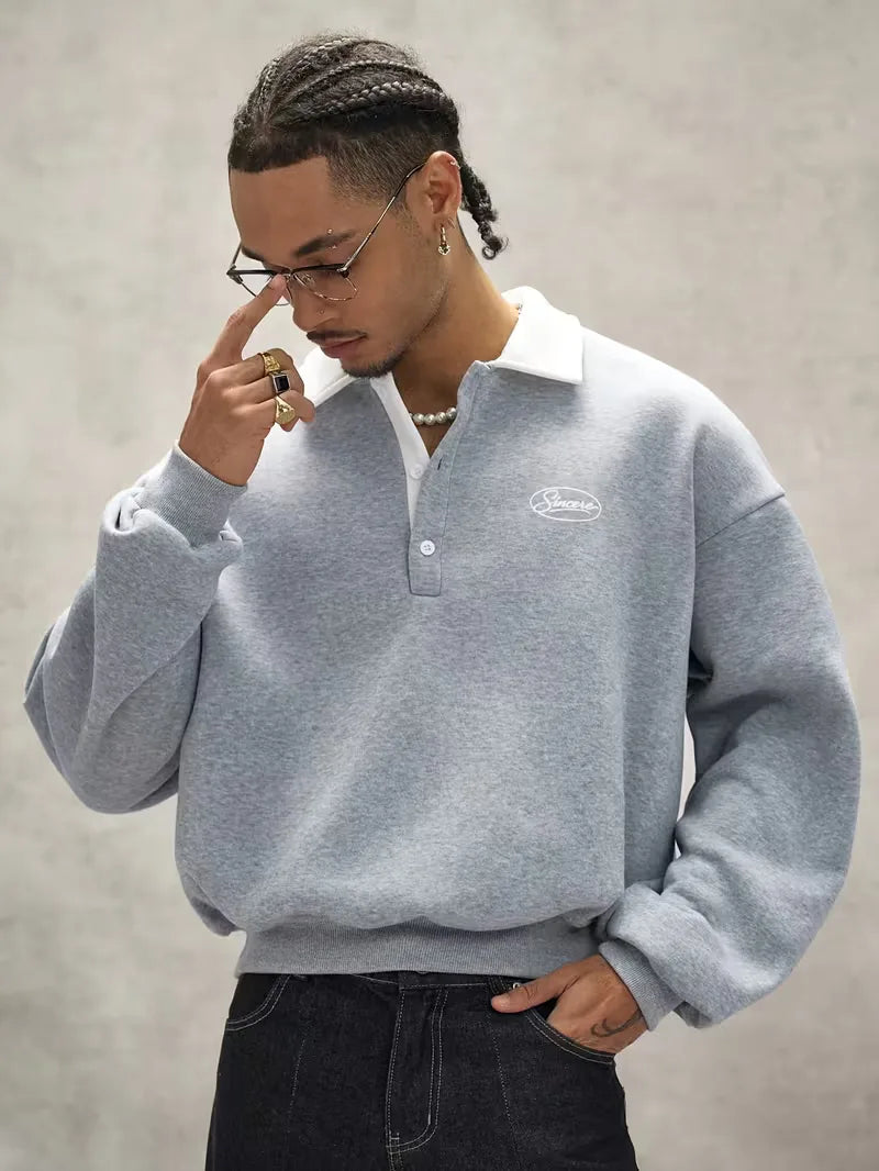 Men's Oversized Polo-Collar Sweatshirt with Embroidered Chest