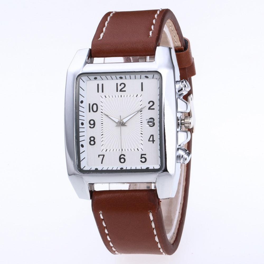 Men's Rectangular leather-look-Strap Watch