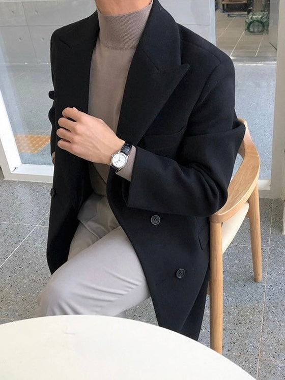 Men's Double-Breasted Overcoat with Notched Lapels