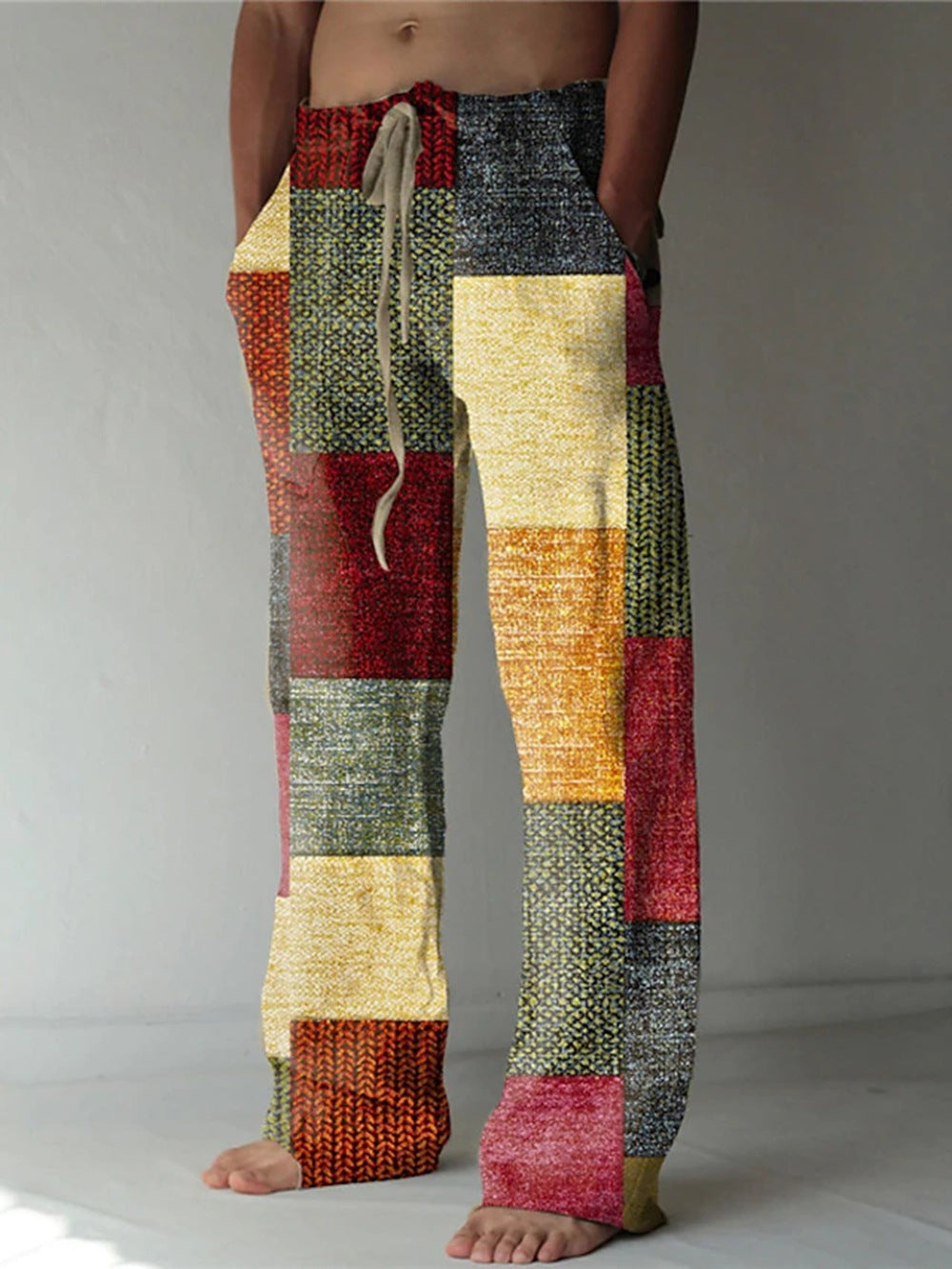 Men's Patchwork Cotton-linen-look Trousers