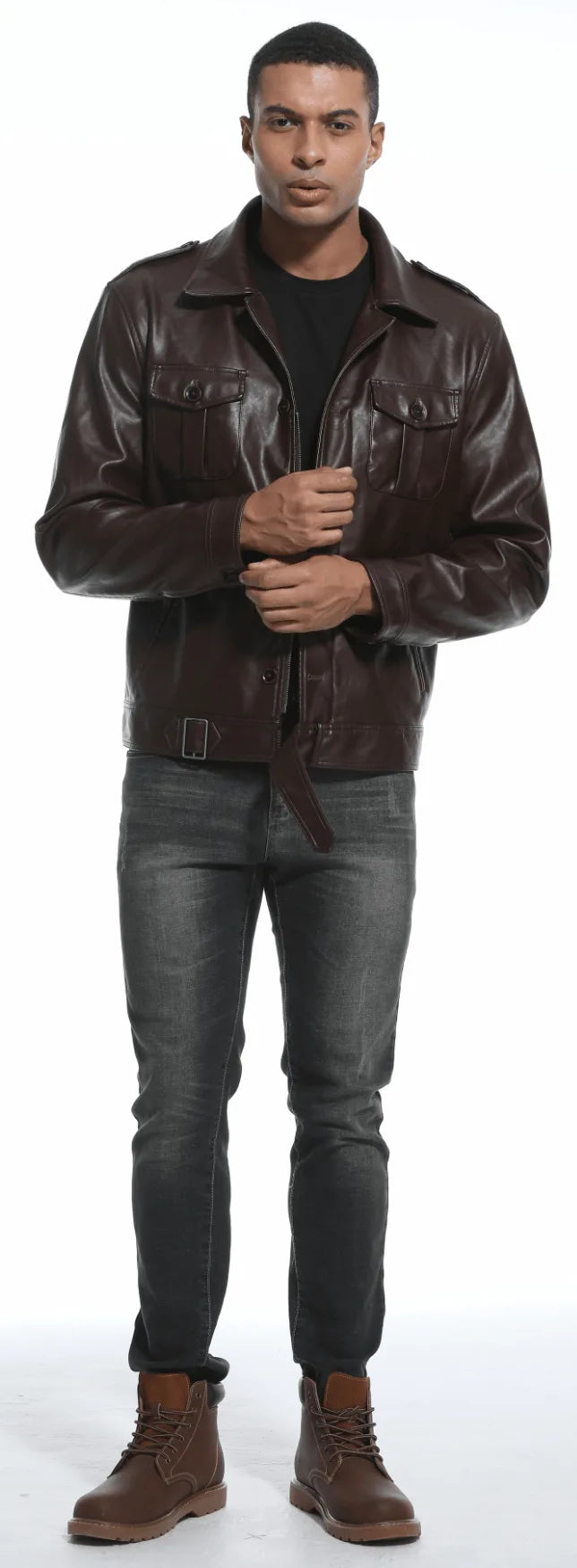 Men's Leather-look Jacket with Mandarin Collar