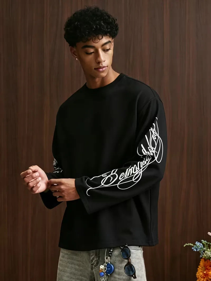 Men's Oversized Waffle-Knit Longsleeve with Script Sleeve Print