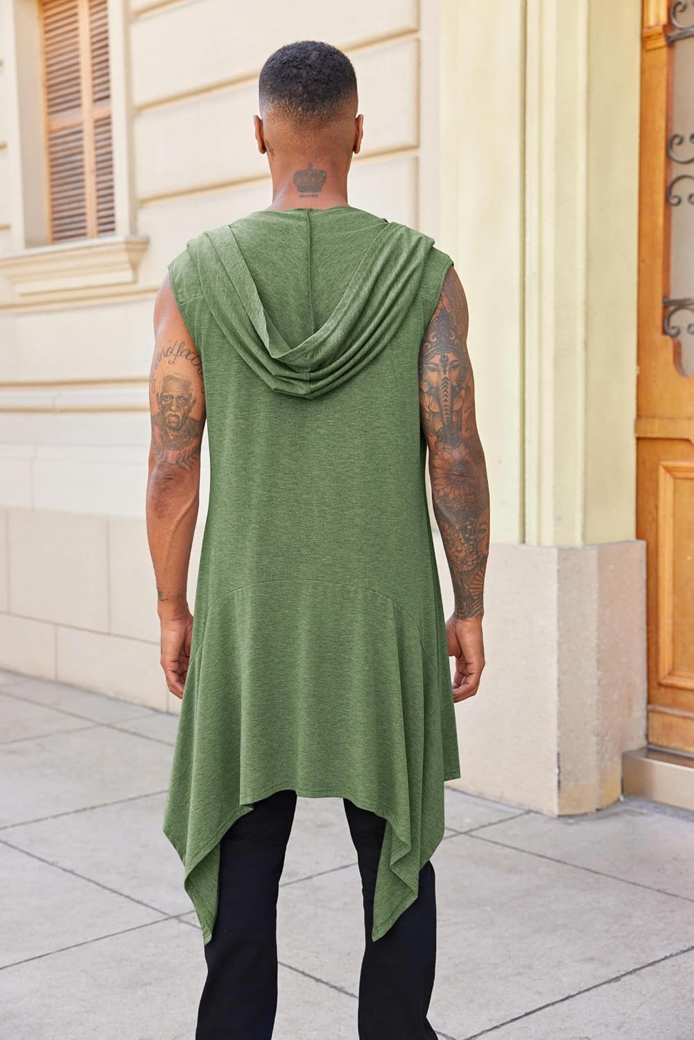 Men's Sleeveless Hooded Cardigan with Waterfall Front