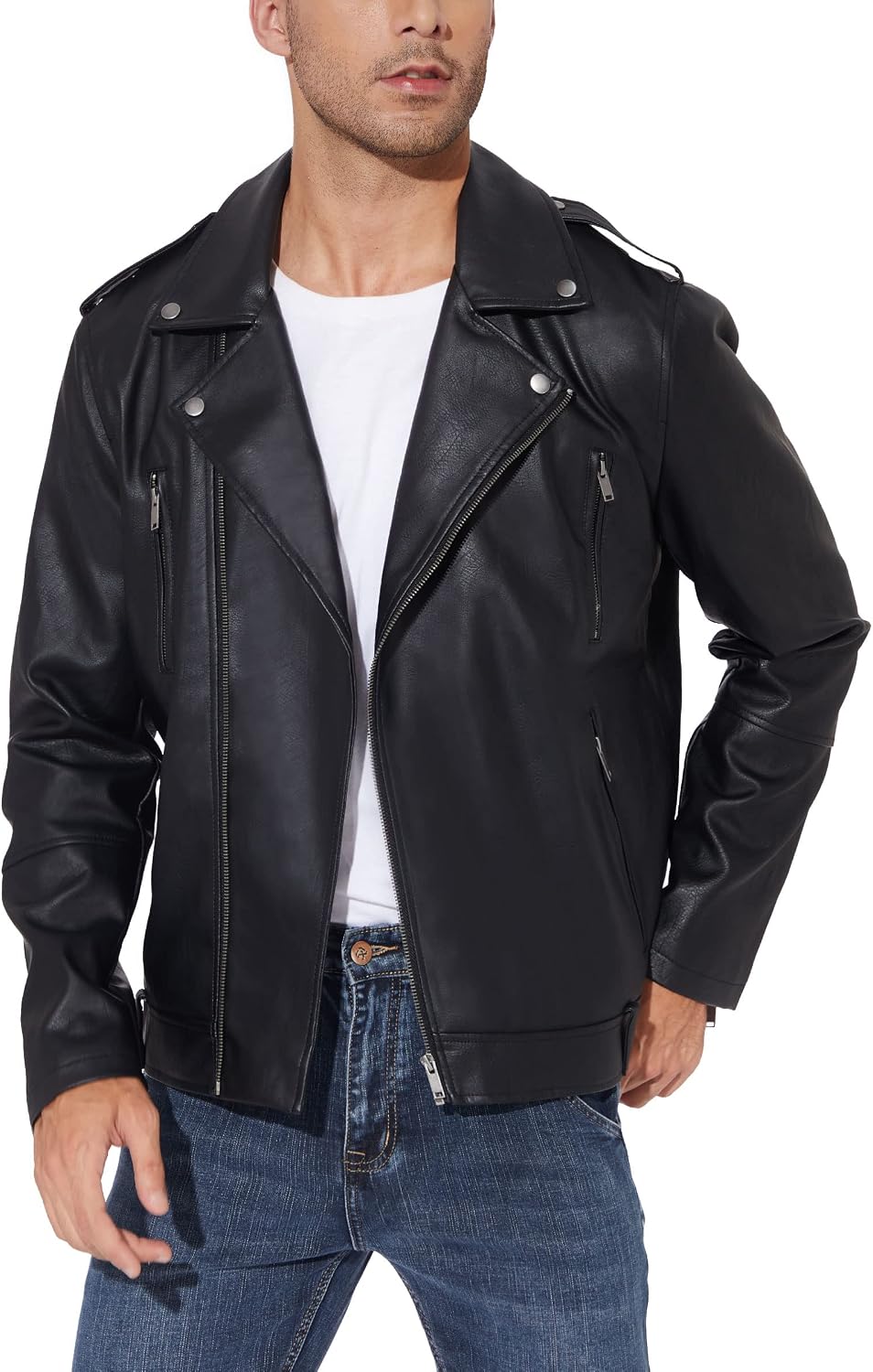 Men's Asymmetric Faux-Leather Biker Jacket