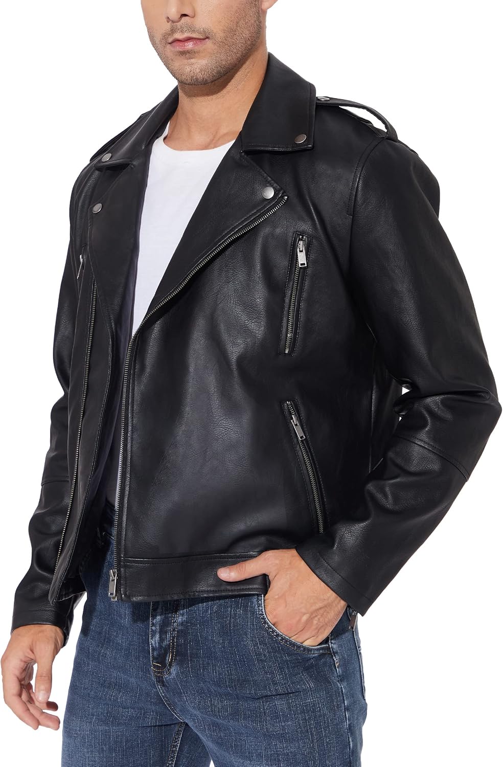 Men's Asymmetric Faux-Leather Biker Jacket