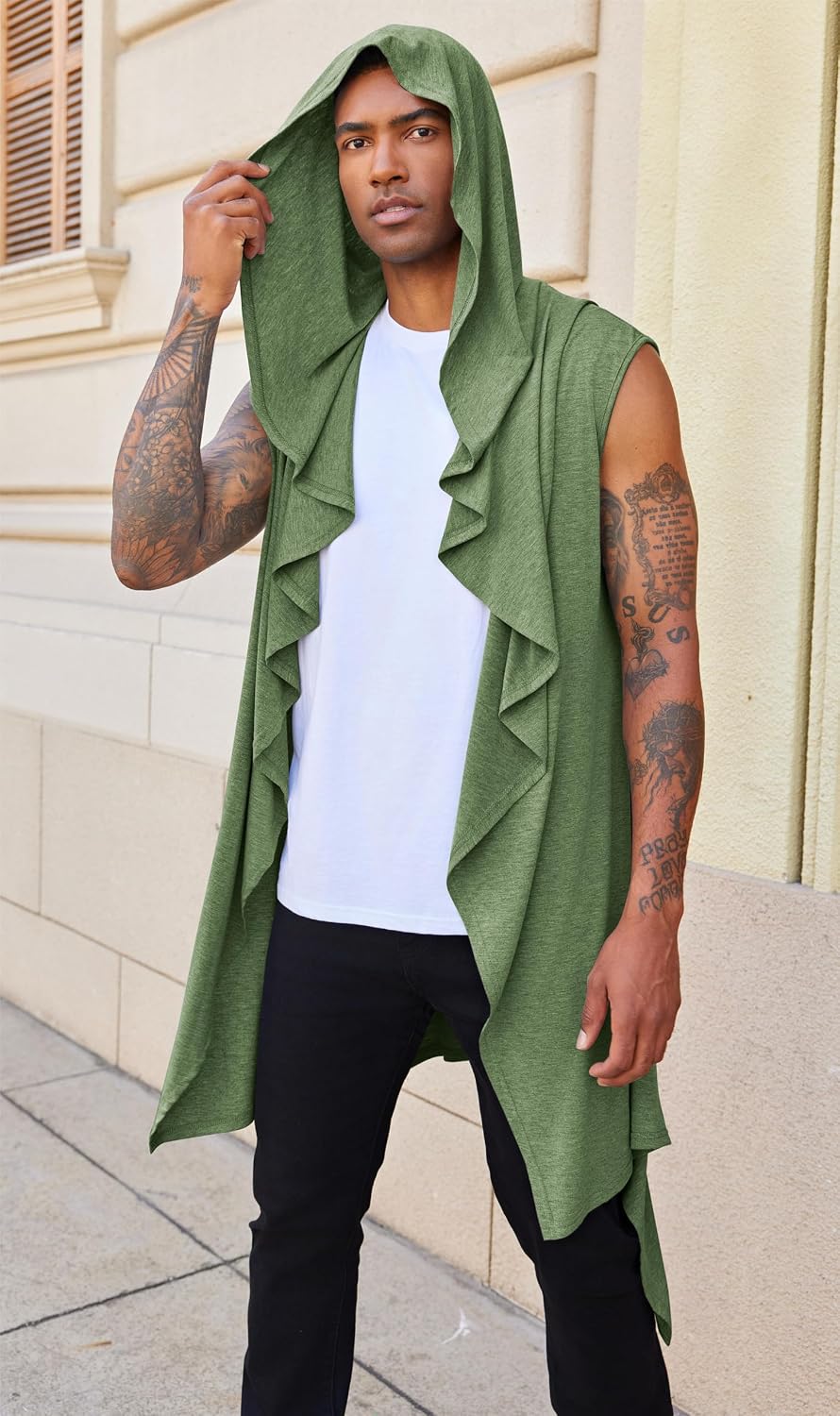 Men's Sleeveless Hooded Cardigan with Waterfall Front
