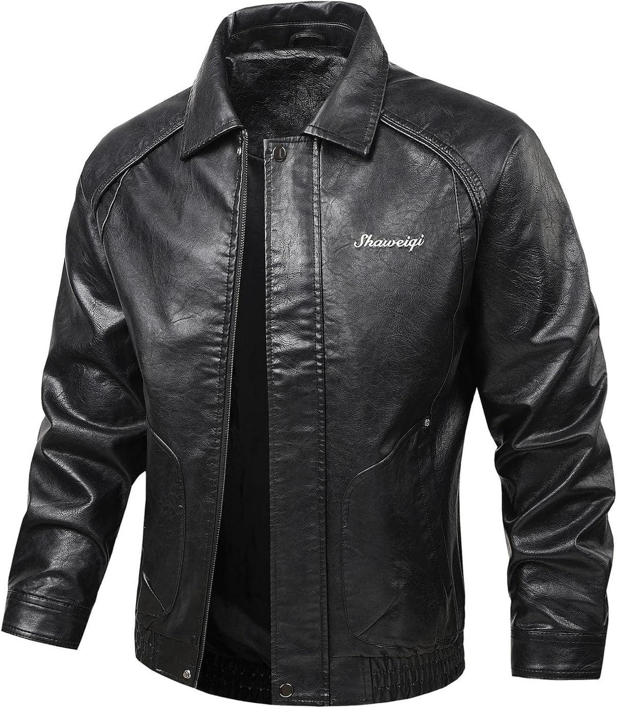 Men's Leather-Look Zip-Up Jacket – Slim-Fit Collared Short Layer