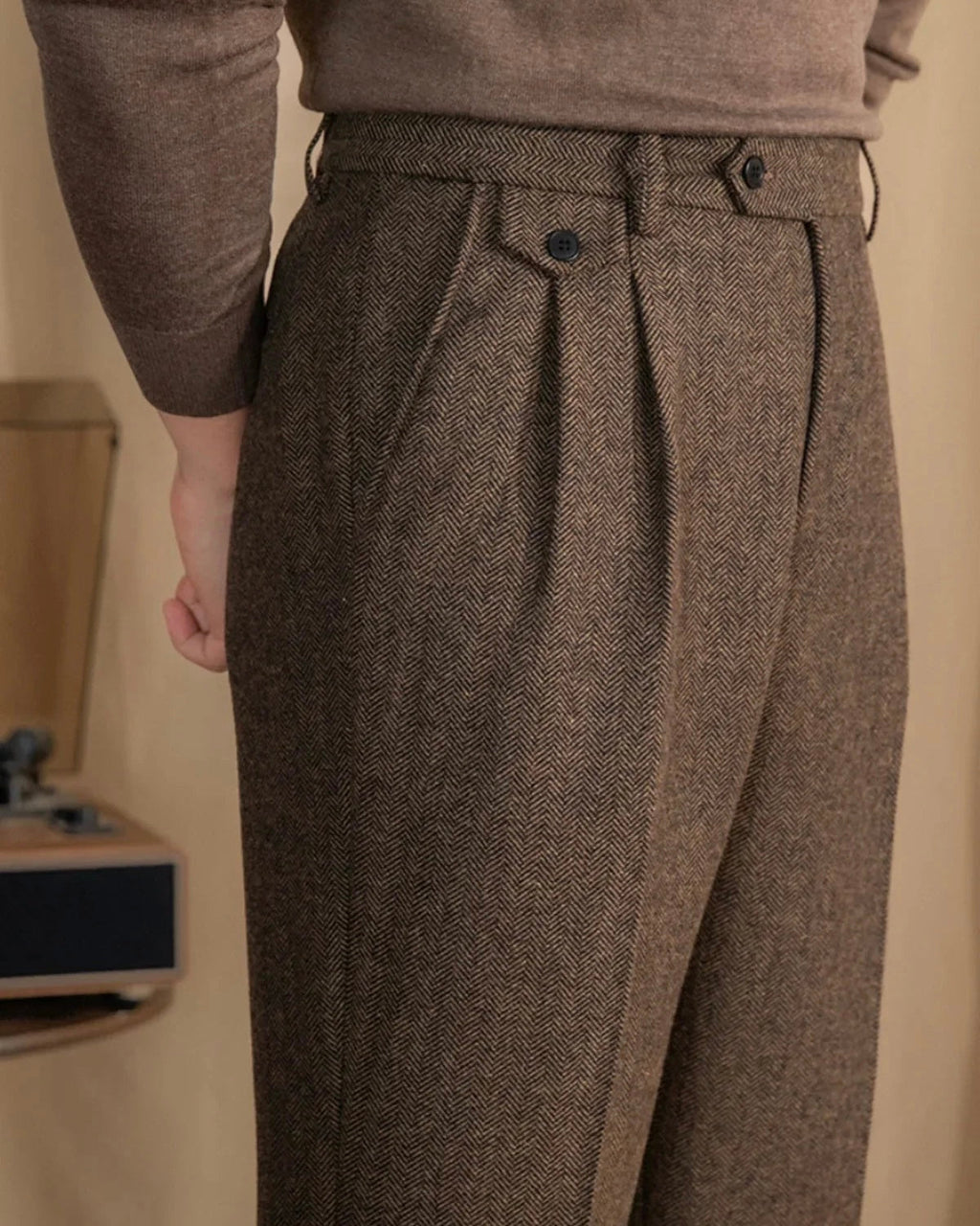 Men's Herringbone High-Waist Trousers with Side Tabs
