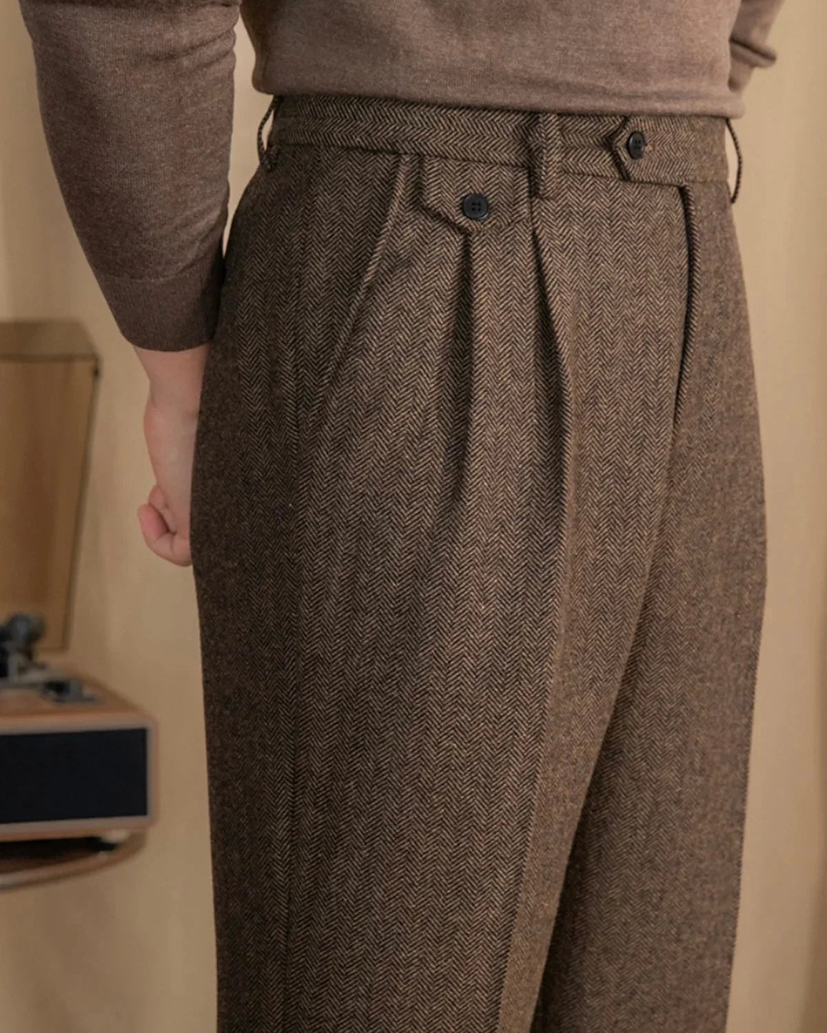 Men's Herringbone High-Waist Trousers with Side Tabs