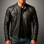 Men's Vintage Leather-Look Jacket – Stand Collar Biker Style with Zip Pockets