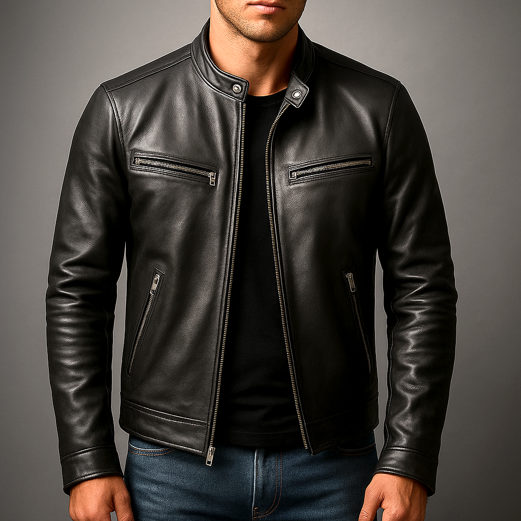 Men's Vintage Leather-Look Jacket – Stand Collar Biker Style with Zip Pockets