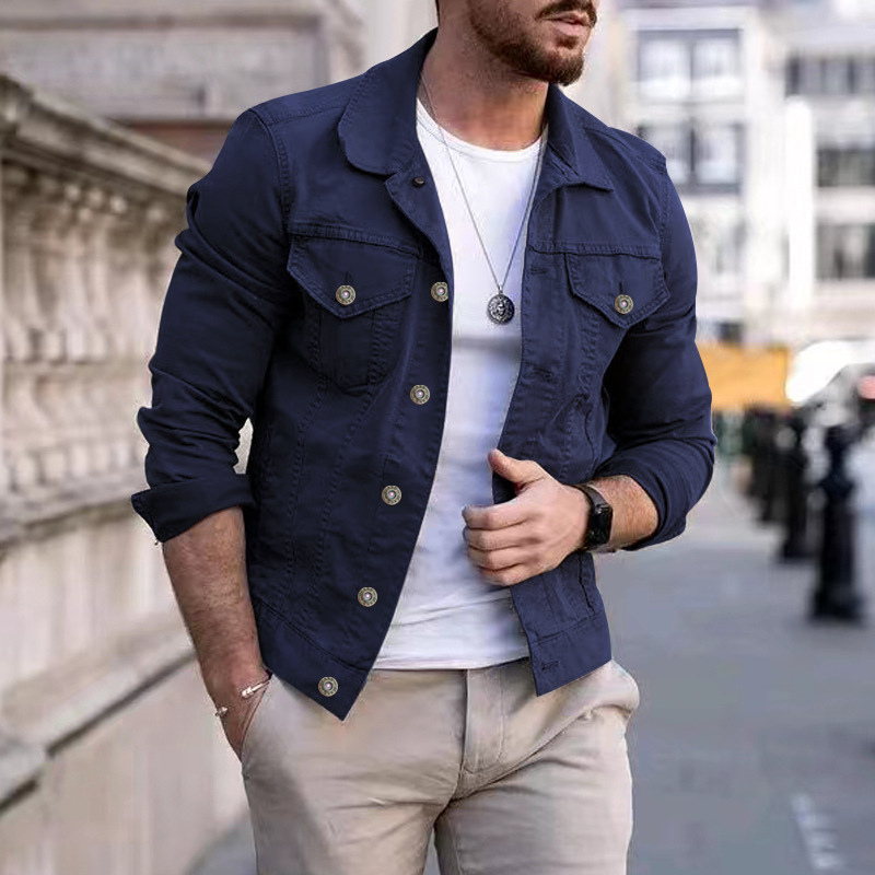 Men's Fitted Denim Trucker Jacket with Flap Pockets
