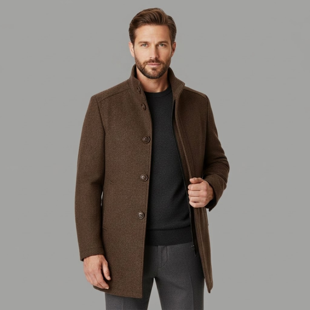 Men's Classic Wool-Blend Overcoat – Structured Collar, Button Front
