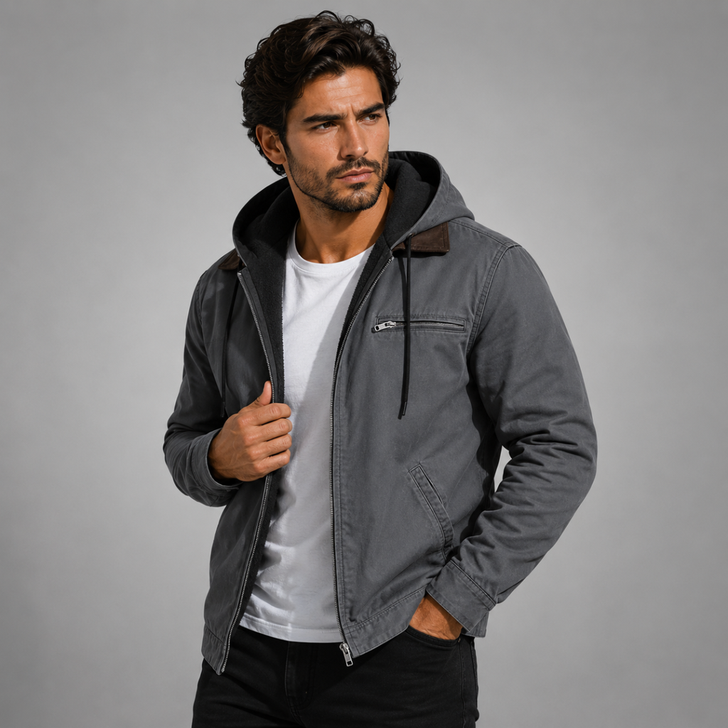 Men's Fleece-Lined Hooded Jacket – Drawstring Hood, Ribbed Cuffs