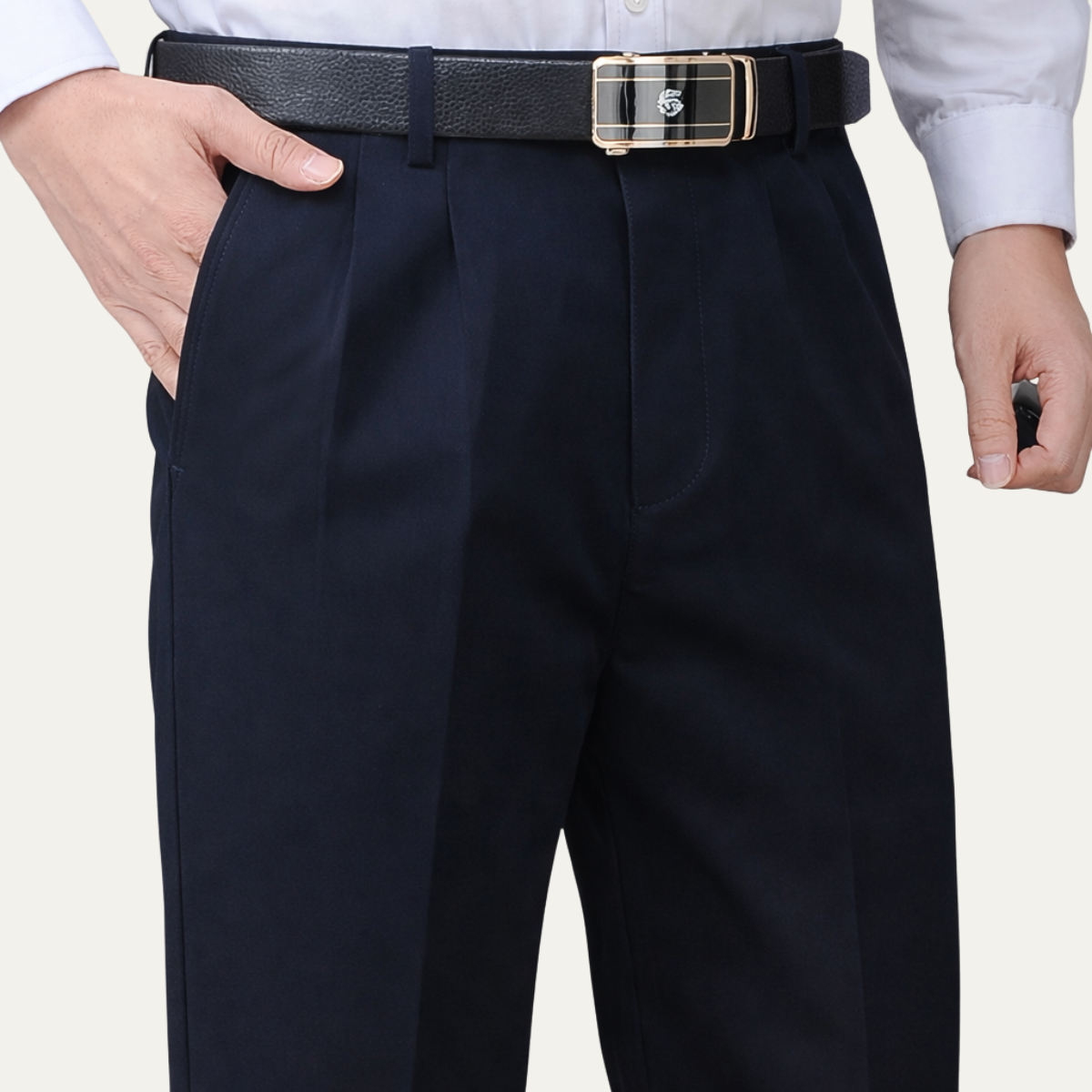 Men's Cotton Double-Pleated Trousers – High Waist, Straight Leg