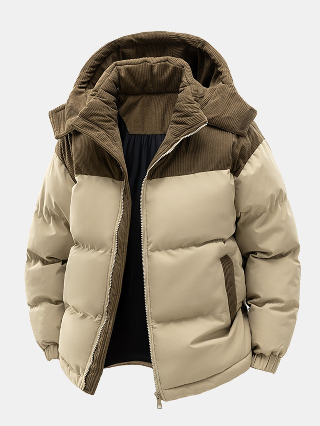 Men's Padded Puffer Jacket with Corduroy Panels and Stand Collar