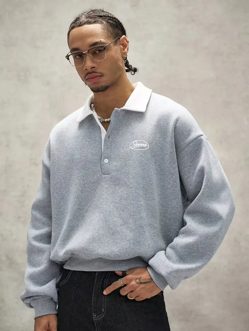 Men's Oversized Polo-Collar Sweatshirt with Embroidered Chest