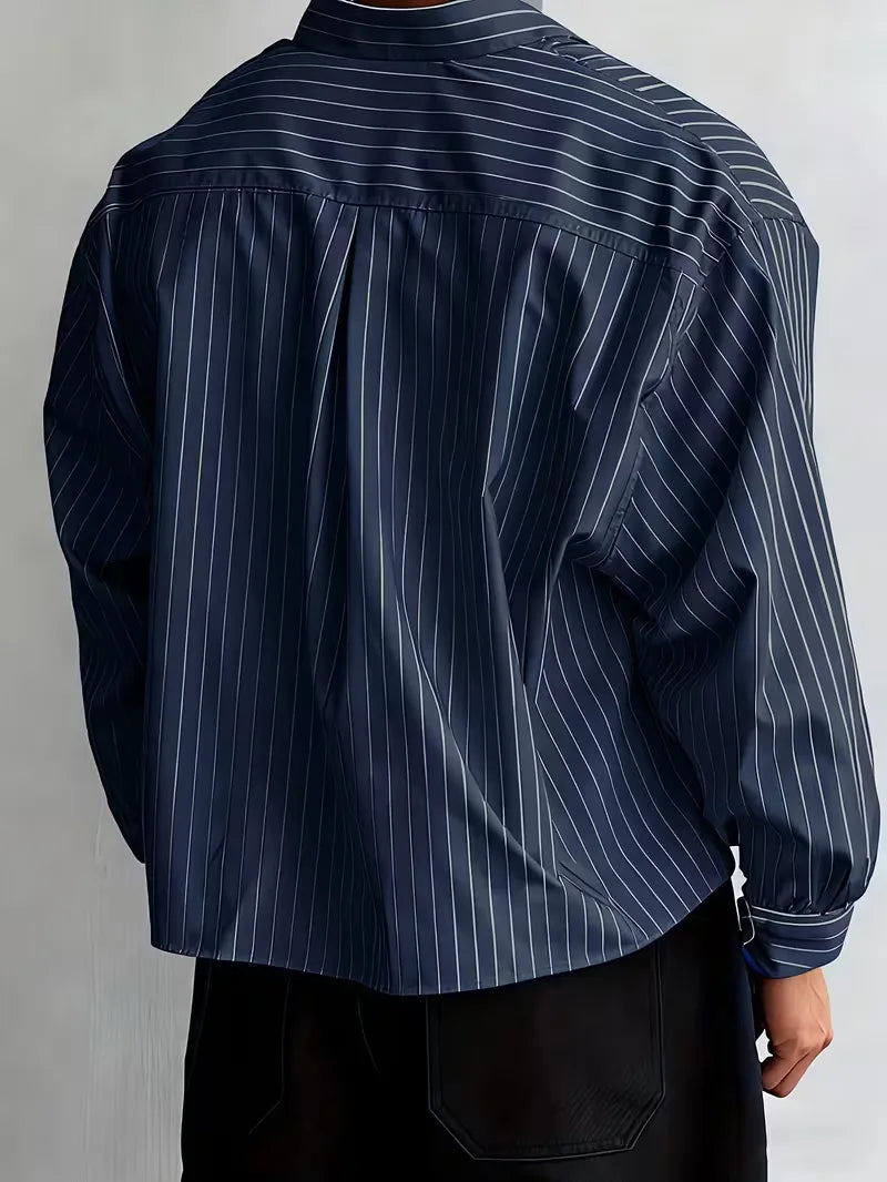 Men's Oversized Vertical Stripe Shirt in Navy Blue
