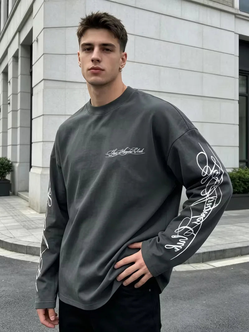 Men's Crew-Neck Longsleeve with Script Graphics – Six Colours