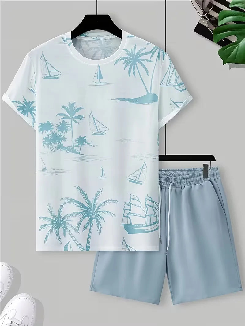 Men's Tropical Print T-Shirt and Shorts Set