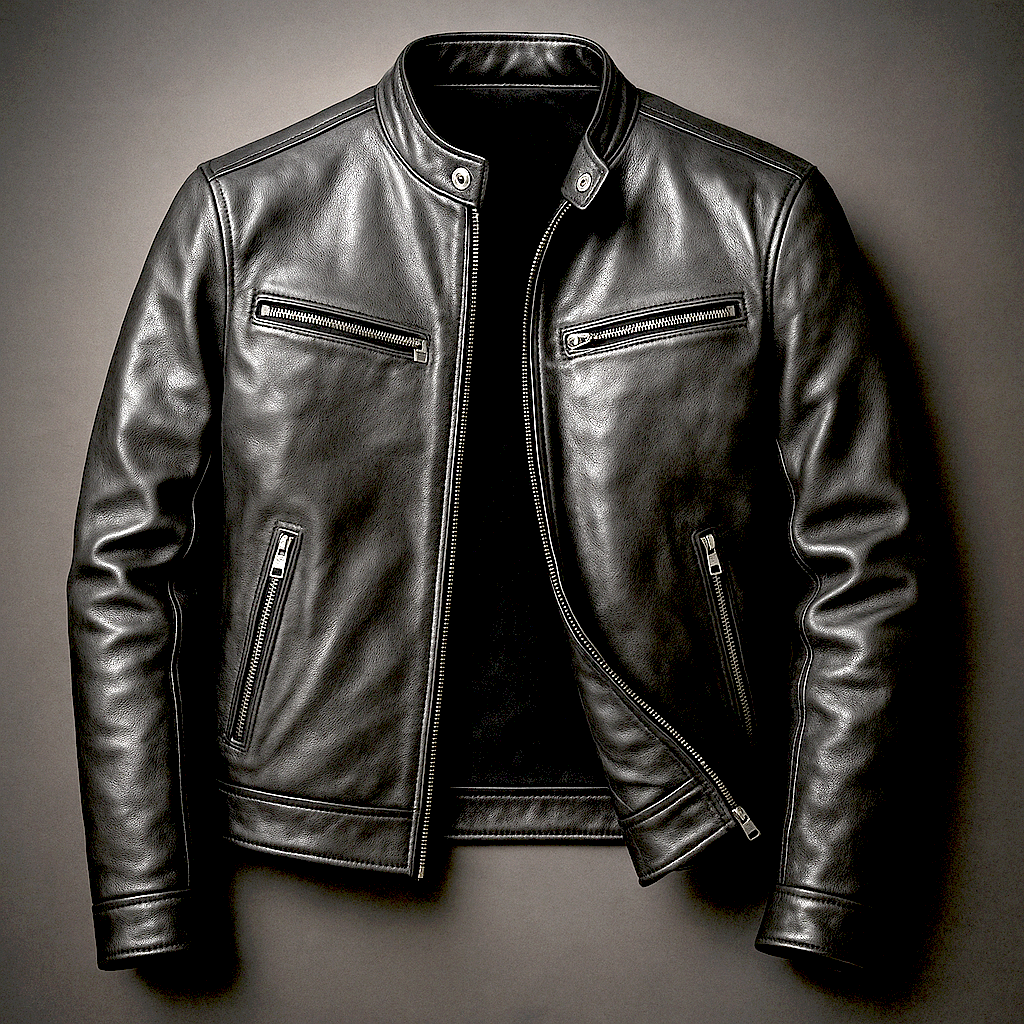 Men's Vintage Leather-Look Jacket – Stand Collar Biker Style with Zip Pockets