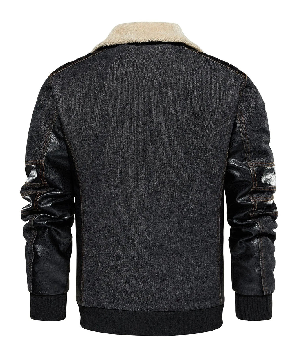 Men's Bomber Jacket with Denim Body and Leather-look Sleeves