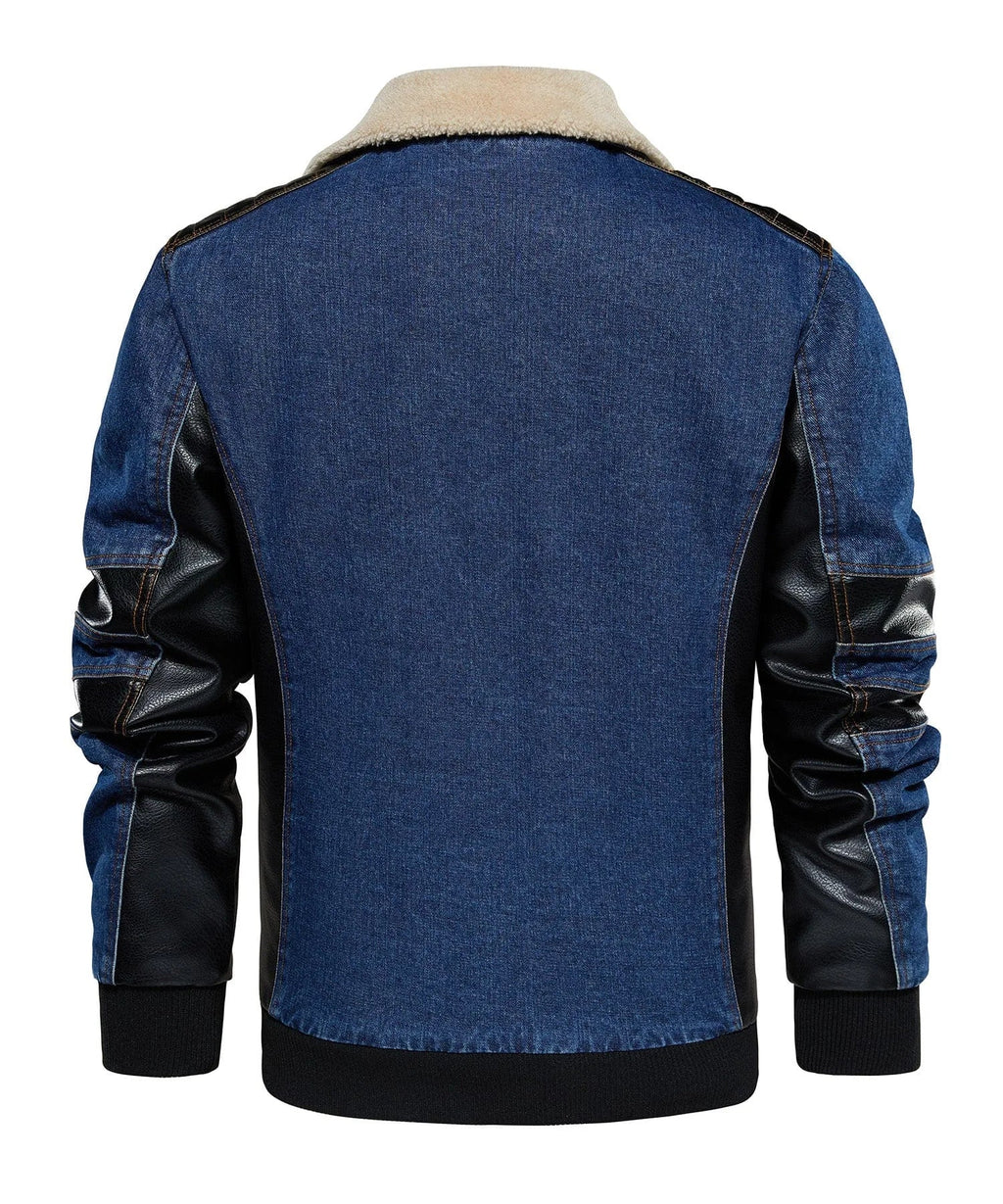 Men's Bomber Jacket with Denim Body and Leather-look Sleeves