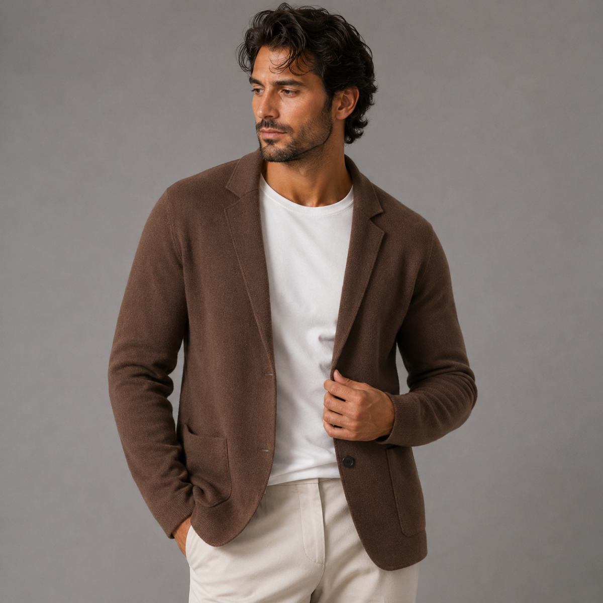 Men's Soft Wool-Blend Knit Cardigan with Suit Collar