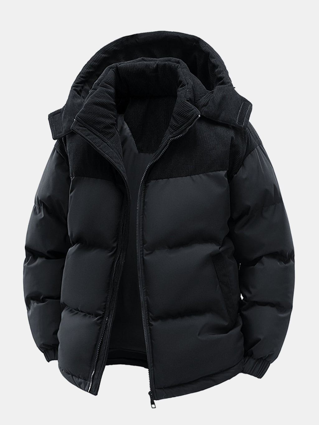 Men's Padded Puffer Jacket with Corduroy Panels and Stand Collar