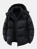 Men's Padded Puffer Jacket with Corduroy Panels and Stand Collar