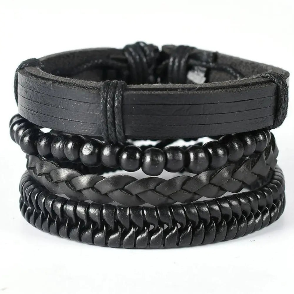 Men's Braided leather-look Wrap Bracelet Set