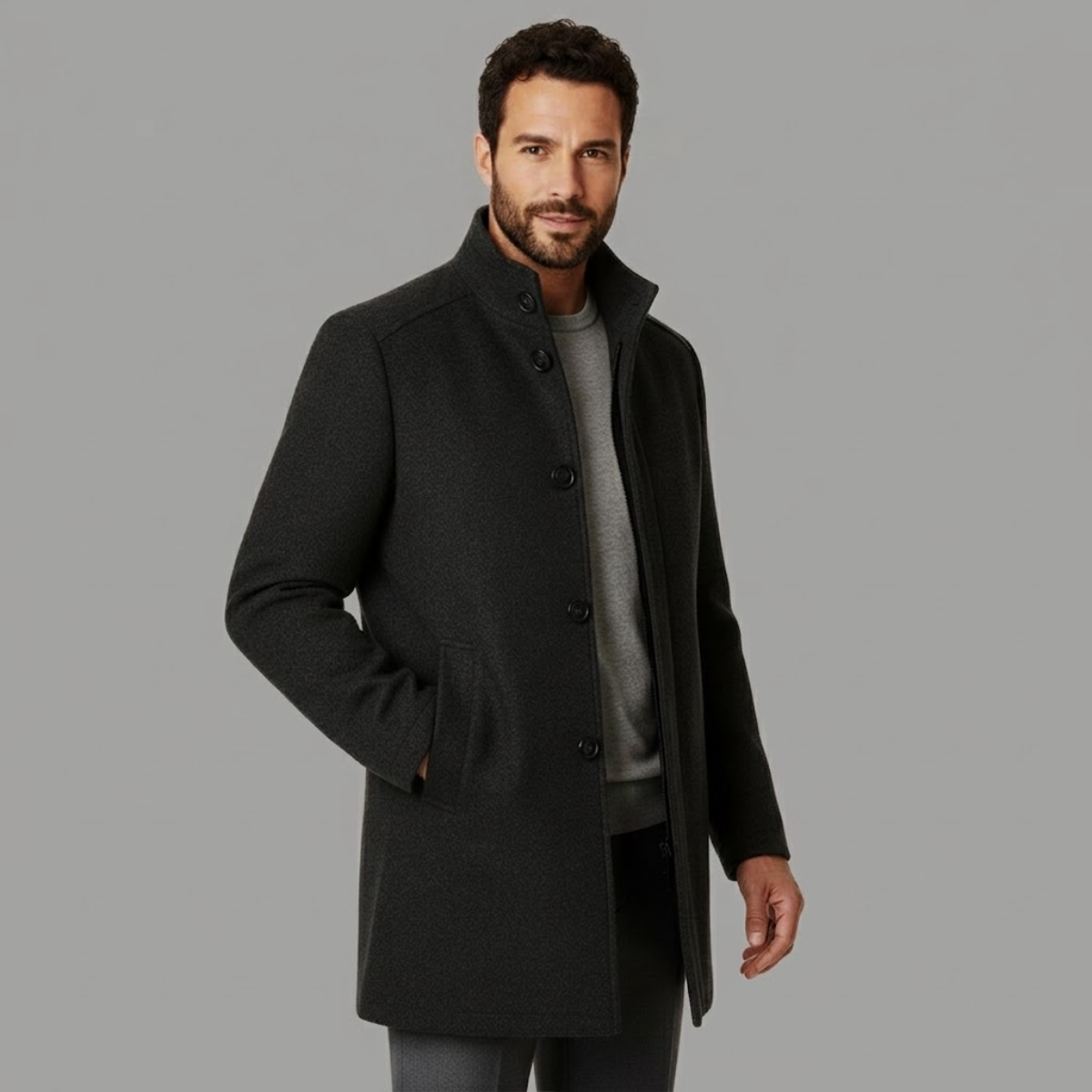 Men's Classic Wool-Blend Overcoat – Structured Collar, Button Front
