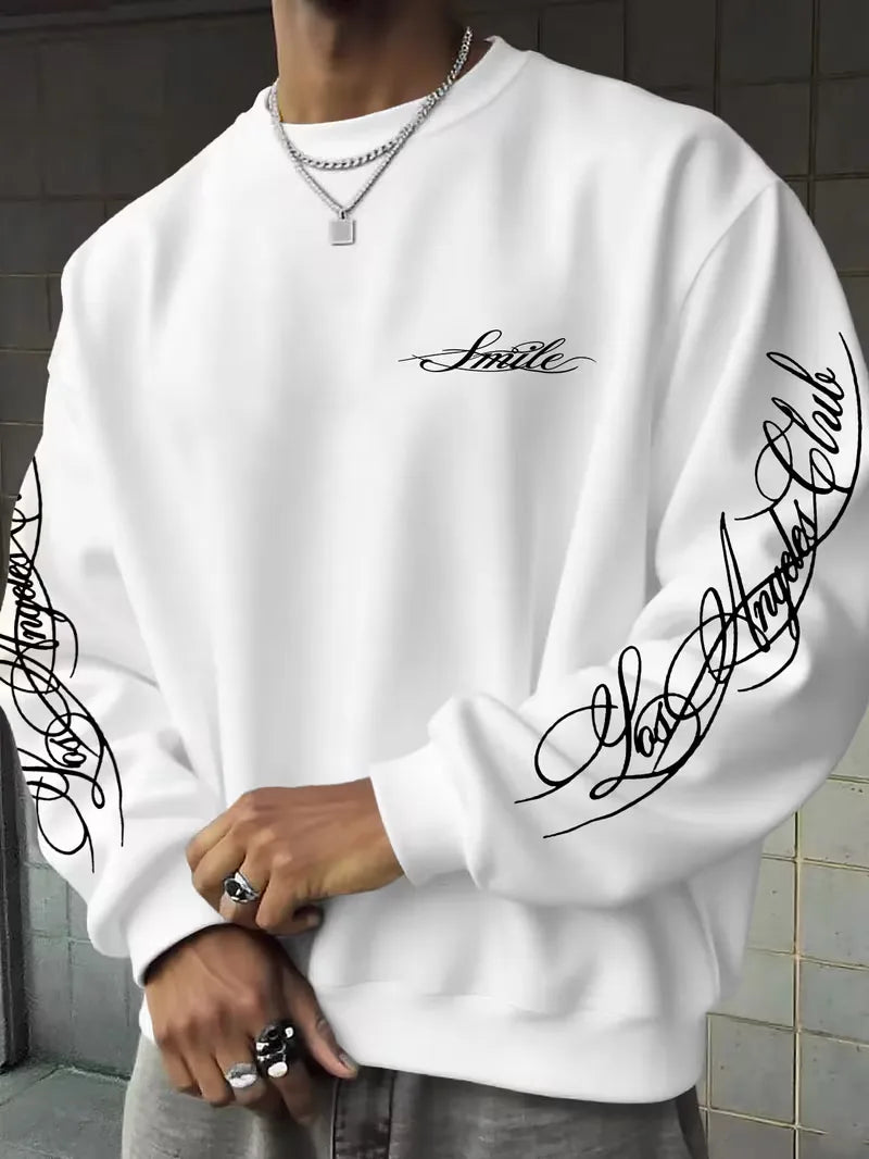 Men's Sweatshirt with White Script Lettering on Chest and Sleeves