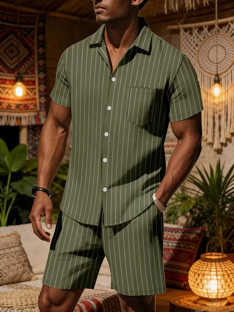 Men's Vertical Stripe Shirt and Shorts Set