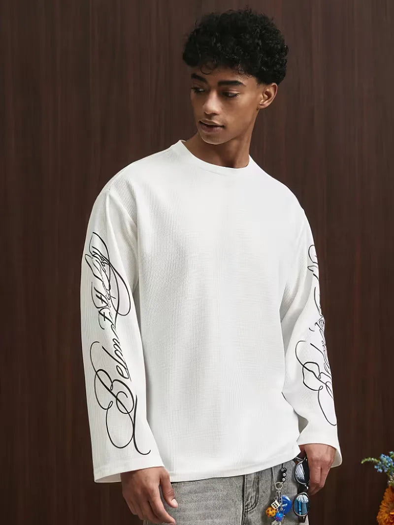 Men's Oversized Waffle-Knit Longsleeve with Script Sleeve Print