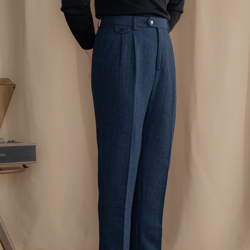 Men's Herringbone High-Waist Trousers with Side Tabs