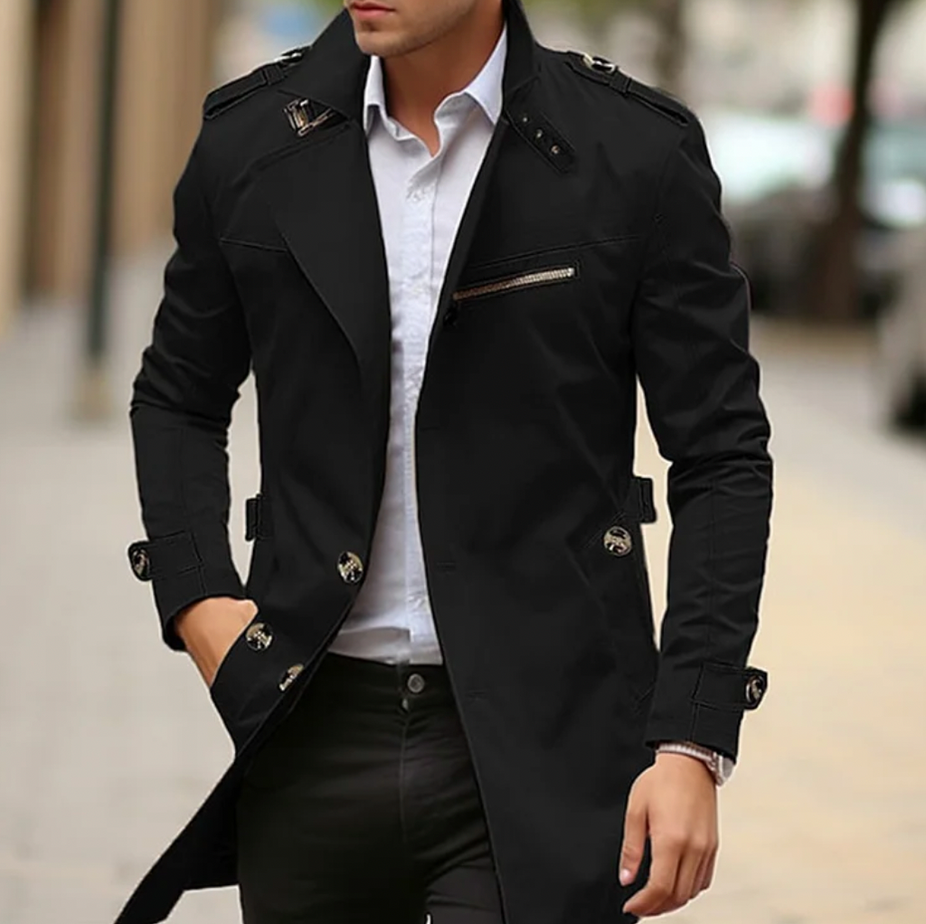 Men's Military-Inspired Trench Coat – Tailored Mid-Length Layer