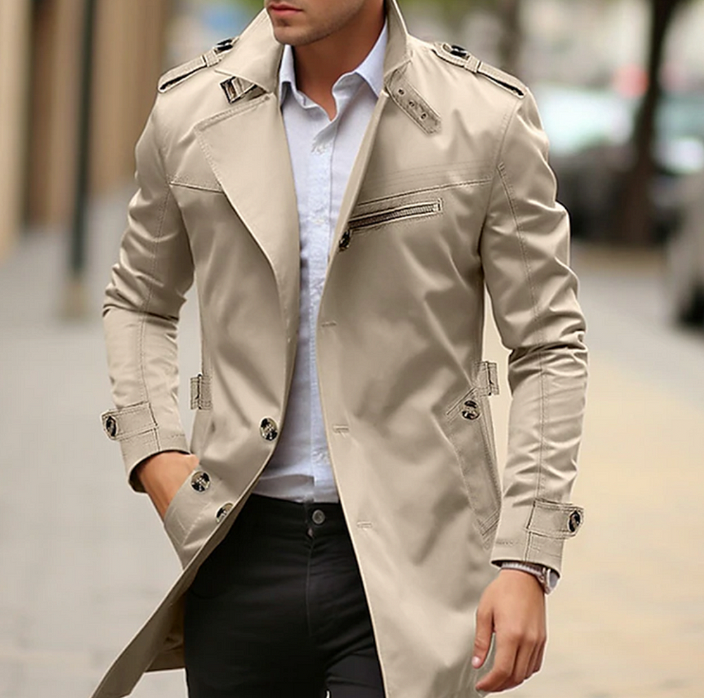 Men's Military-Inspired Trench Coat – Tailored Mid-Length Layer