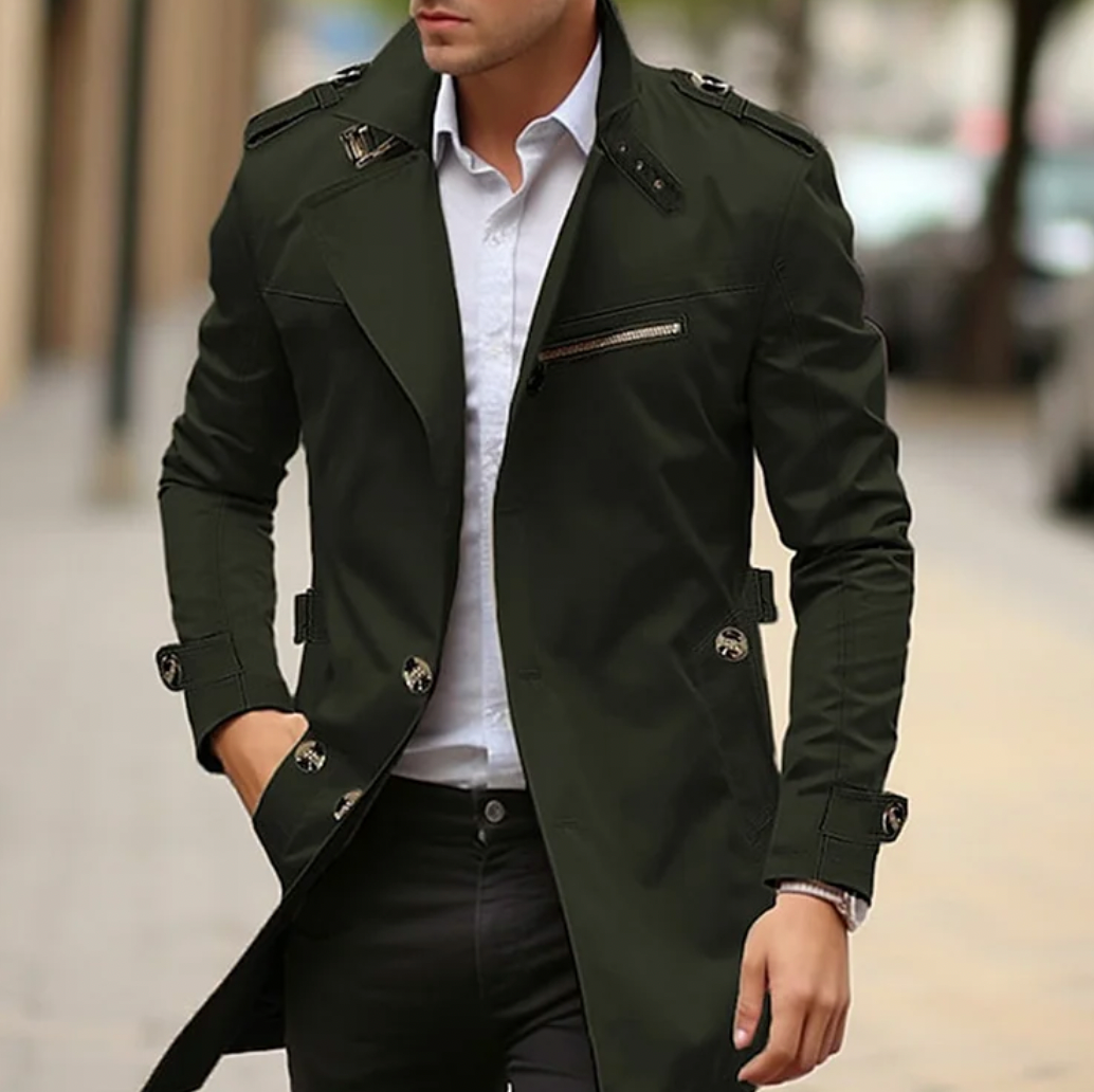 Men's Military-Inspired Trench Coat – Tailored Mid-Length Layer