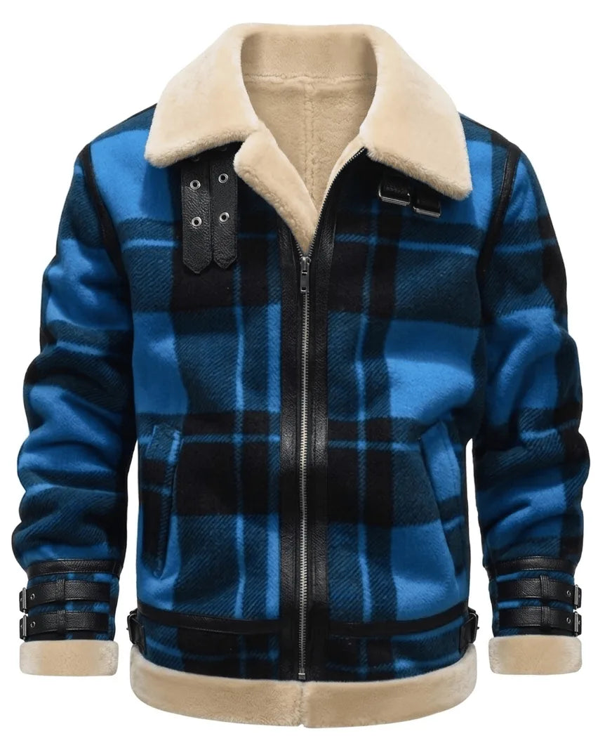 Men's Bomber Jacket in Plaid with Faux Shearling