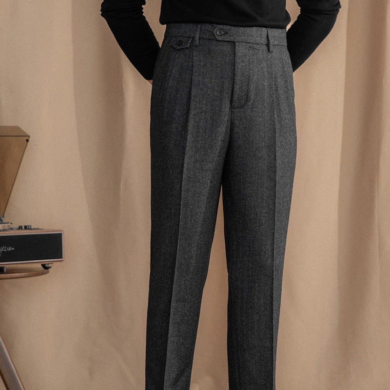 Men's Herringbone High-Waist Trousers with Side Tabs